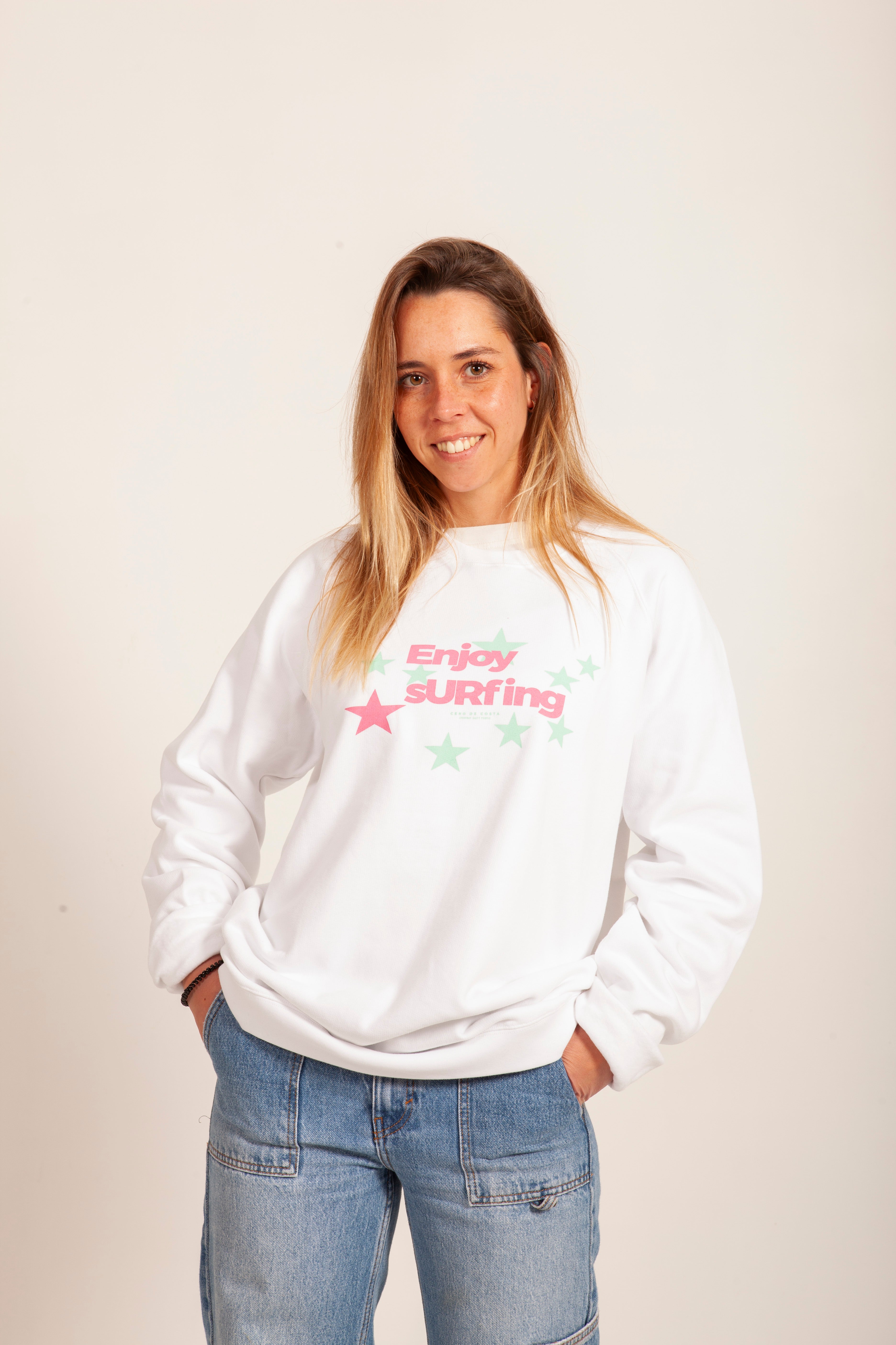 SUDADERA BLANCA/VERDE AGUA "ENJOY SURFING"