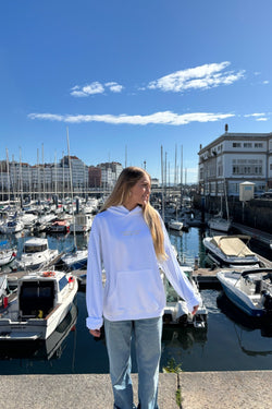 SUDADERA BLANCO/AMARILLO "CERO DE COSTA" PLAYAS SURF CON CAPUCHA